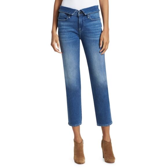 FRAME Le High Straight Fold Over Waist Stretch Ankle Cropped Denim Jeans Size 28 - Picture 3 of 14